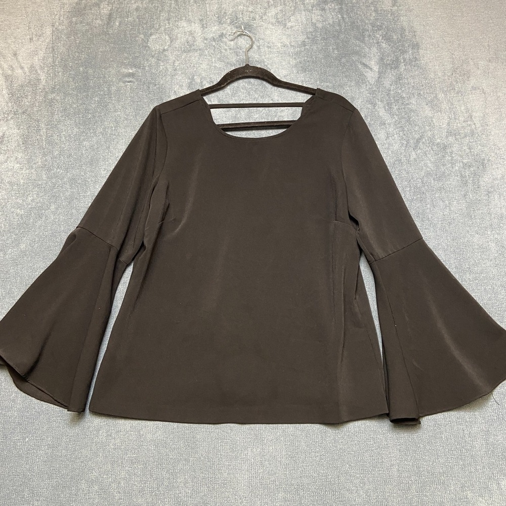 Linea by Louis Dell'Olio Blouse Top Women 12 Black Bell Sleeve Round Neck Casual